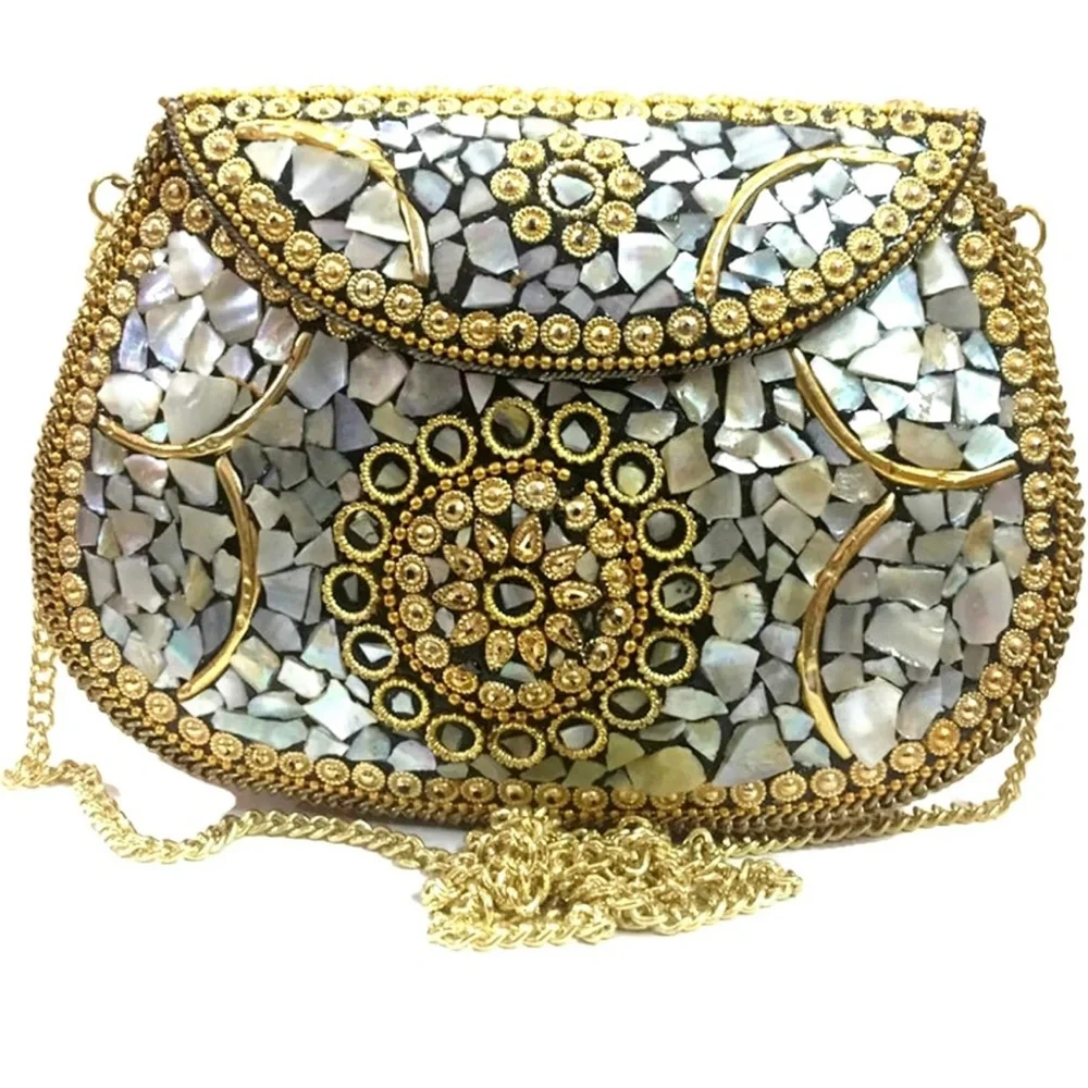 Silver and gold color metal clutch decorated with mother of pearl - Picture 1 of 5
